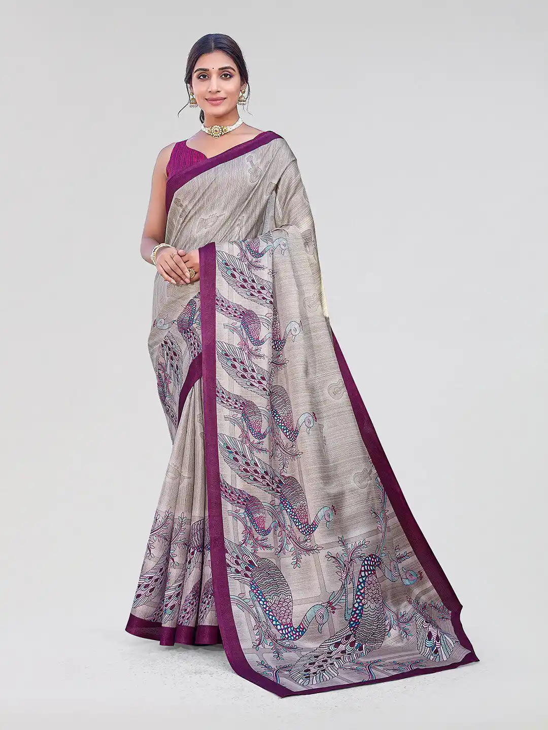 Peacock Motif Printed Beige & Red Mysore Silk Saree.png