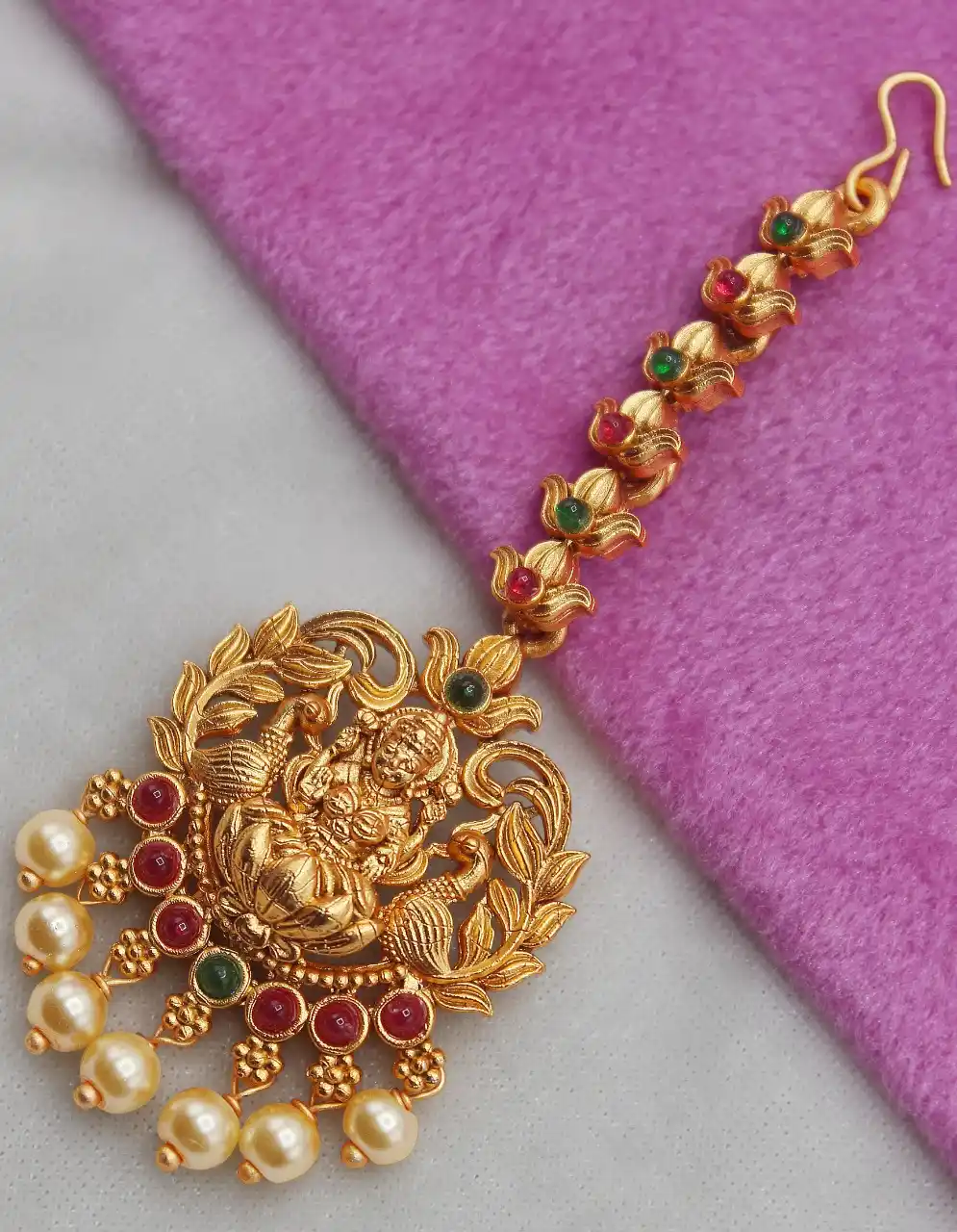 Gold Plated Green and Red Stone Beaded Maangtika with White Pearls.png