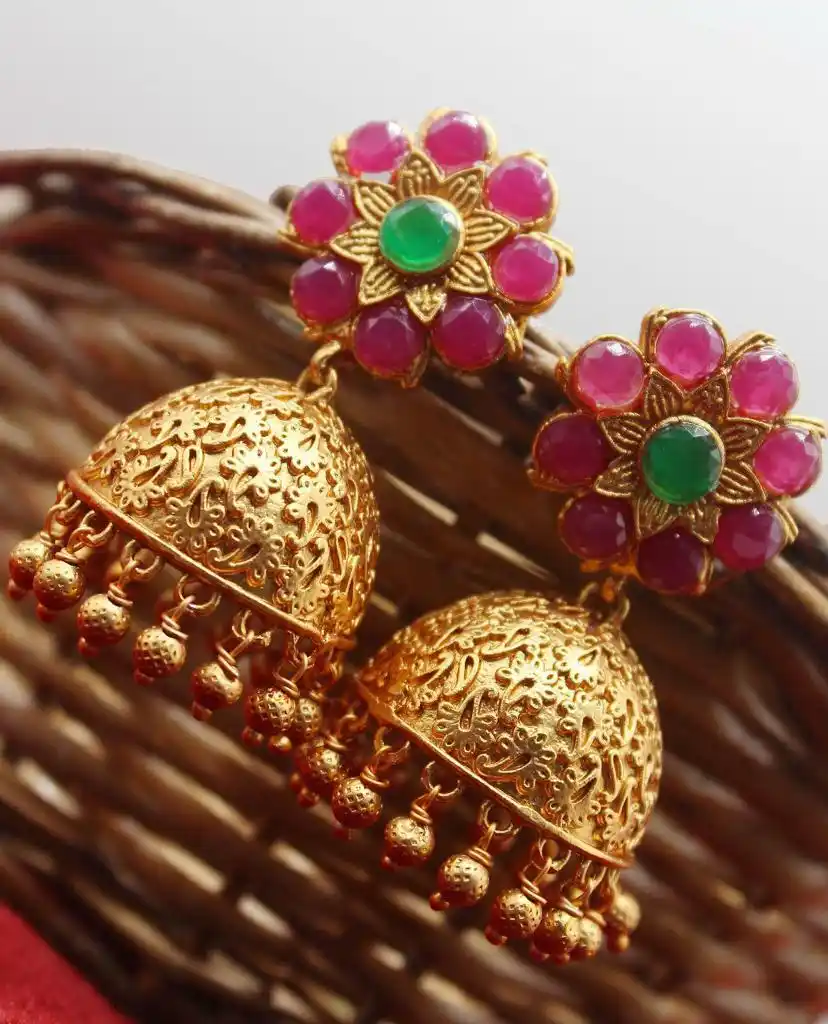 Exclusive Floral Red Party Wear Jhumki Earrings For Women Alloy Jhumki Earring.png